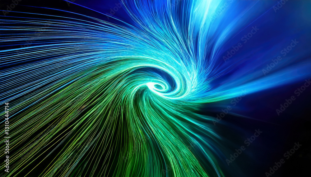 Fototapeta premium Background with glowing light blue and green lines, particles of data flowing in the air. 