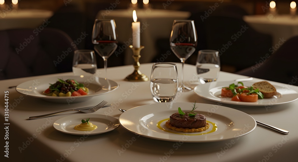 Fototapeta premium Elegant dining table with gourmet dishes and candlelight