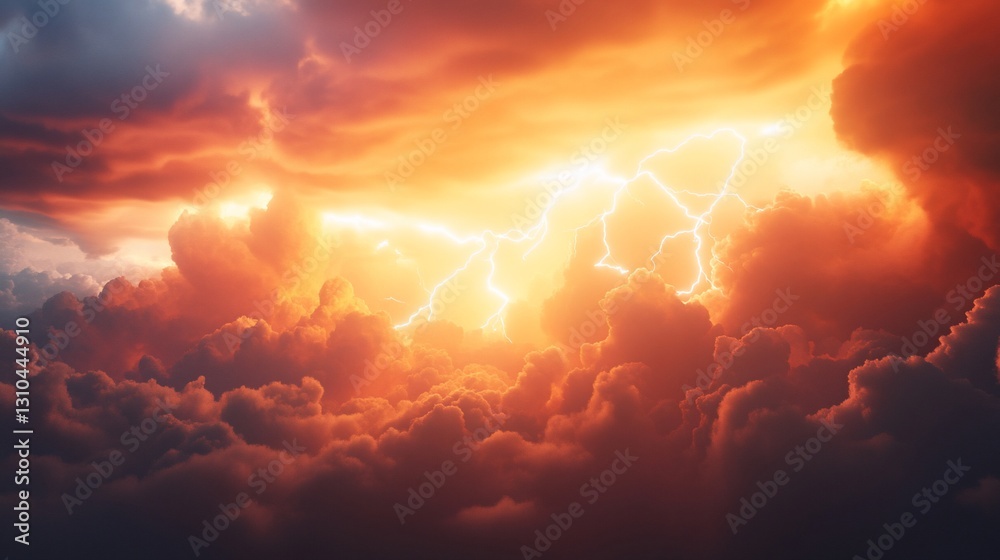 Fototapeta premium Fiery Sunset Storm Clouds with Lightning