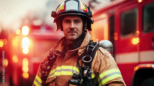 Brave firefighter in uniform standing confidently in front of fire truck at emergency scene