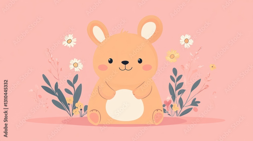 A cute cartoon bunny is surrounded by colorful flowers A cute cartoon bunny is surrounded by colorful flowers