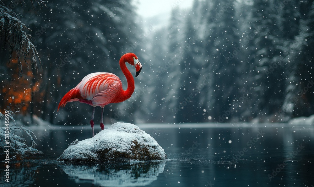 Fototapeta premium Elegant Flamingo Standing on a Snowy Rock Beside a Serene Lake in Winter Landscape