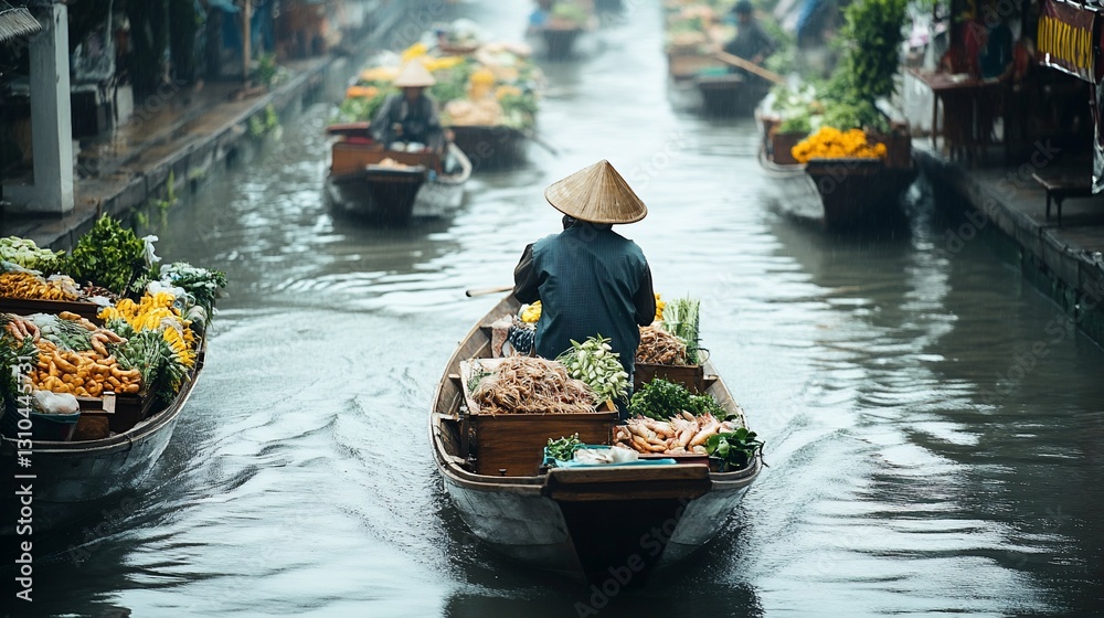 Obraz premium Floating Market Boats, Produce, Canal, Thailand