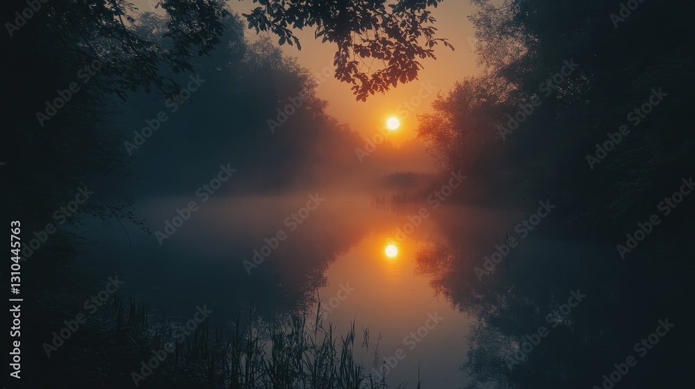 Naklejka premium Serene sunrise reflection over misty river tranquil landscape nature photography peaceful environment early morning glow
