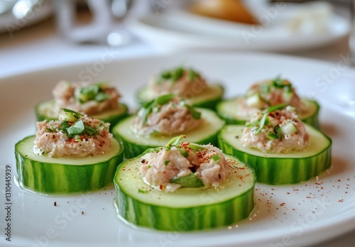Fresh Cucumber Slices Topped with Savory Tuna and Herbs on a White Plate for Gourmet Dining Experience