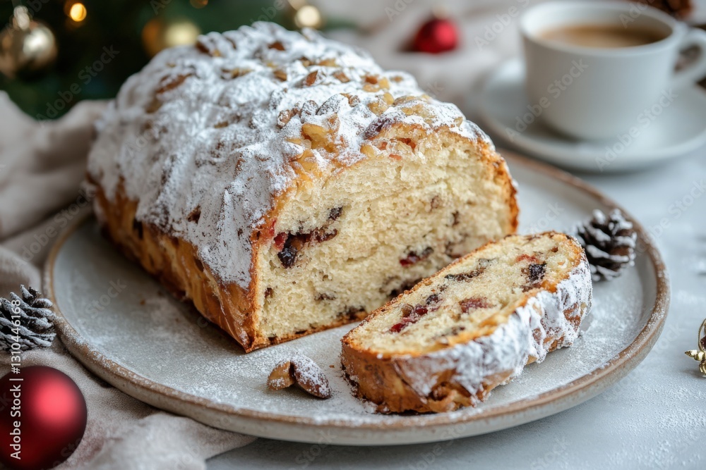 Fototapeta premium A Traditional Holiday Stollen Cake with Dried Fruits and Nuts, Perfectly Sliced and Presented on a Festive Table with Christmas Decorations