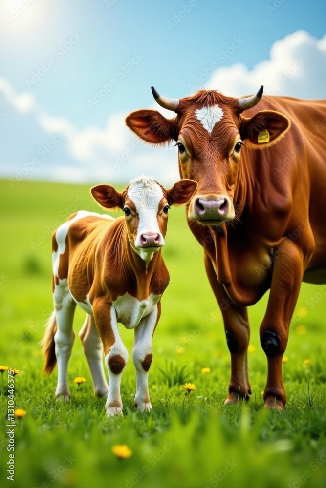 Calf standing with mother cow in sunny pasture, bovine, family, friends Calf standing with mother cow in sunny pasture, bovine, family, friends