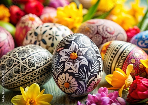 Easter Day Floral Still Life: Blooming Flowers & Black Line Art Egg Texture