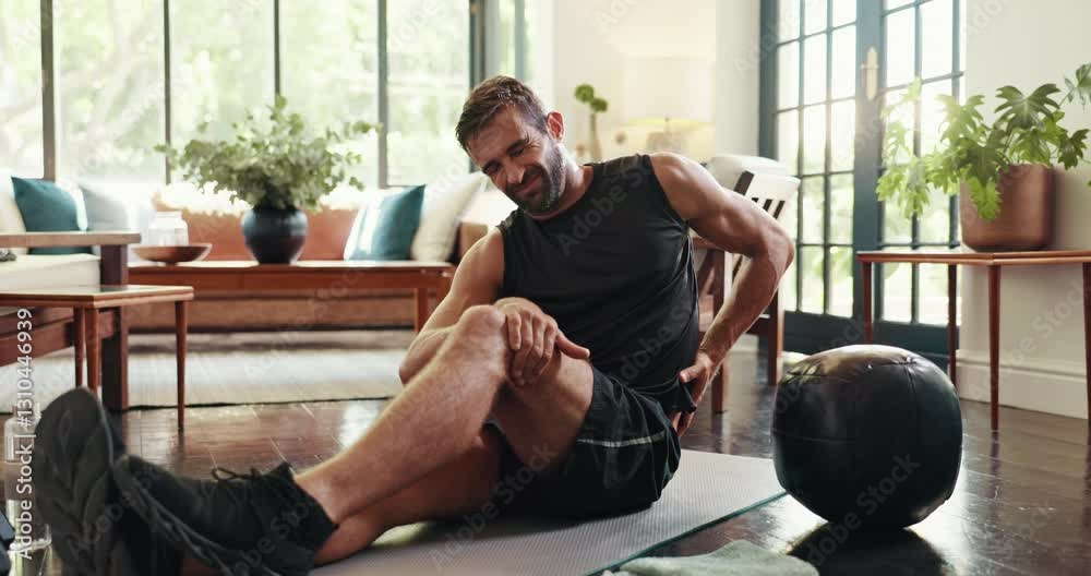 Active, man and back pain of exercise at home with medicine ball, fitness injury and workout break. Male person, massage and discomfort of muscle strain, spine accident and training mistake in lounge