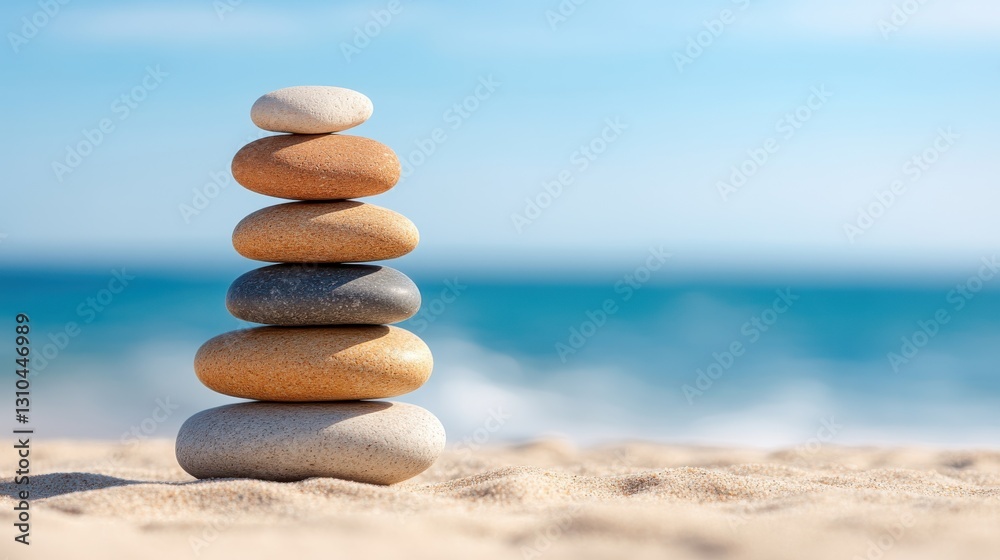 Tranquil stone pyramid balanced on sandy beach with ocean waves in background Tranquil stone pyramid balanced on sandy beach with ocean waves in background