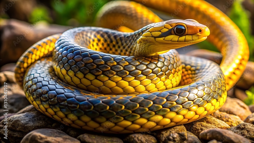 Obraz premium Eastern Yellow-bellied Racer Snake Close-Up Stock Photo - Wild Reptile in Natural Habitat