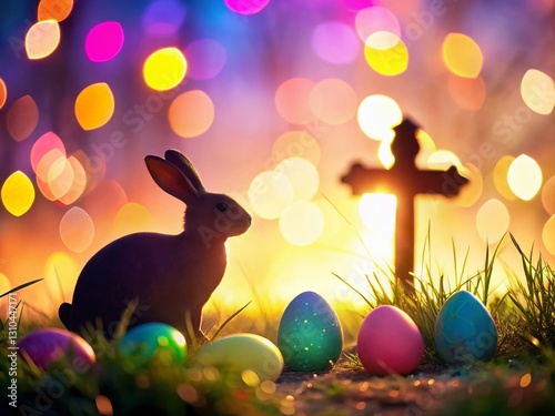Easter Silhouette Art: Bokeh Background, Rabbit, Eggs, Cross, Spring