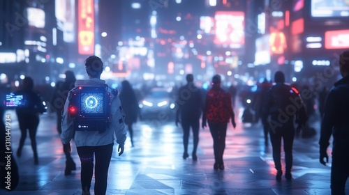 Wallpaper Mural Futuristic City Night, Crowds Walking, Neon Lights Torontodigital.ca