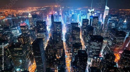 Vibrant cityscape with skyscrapers at night light