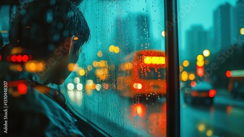 Rainy urban commute city streets candid photography nighttime environment passenger's viewpoint moodful reflection