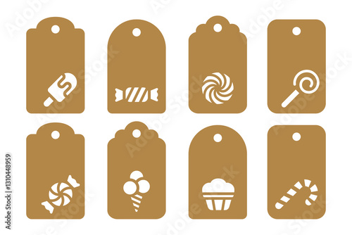 Set of gift or price tags shapes with sweets and candies. Vector templates for cutting. Craft paper and cardboard discount label cut file. Candy shop decoration element