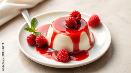 classic vanilla panna cotta served on a white plate, topped with a fresh raspberry coulis