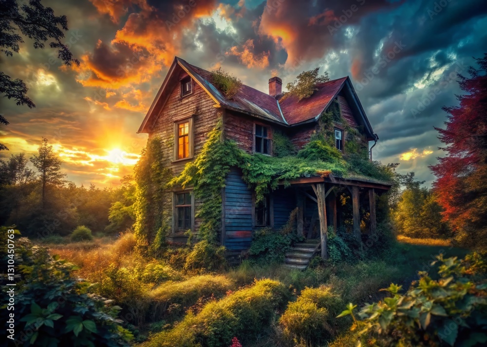 Eerie Portrait of Abandoned House, Overgrown and Weathered