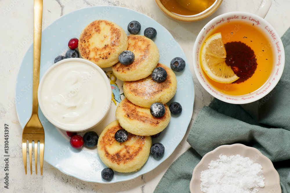 Fotografie Cheese pancakes with yogurt and berries..style hugge