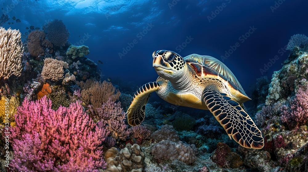 Fototapeta premium Majestic Sea Turtle Swimming Among Vibrant Coral Reefs in Clear Blue Ocean Waters