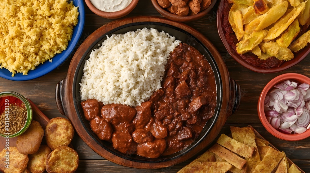 Delicious Indian Curry with Rice and Sides, Overhead View of Aromatic Food Delicious Indian Curry with Rice and Sides, Overhead View of Aromatic Food