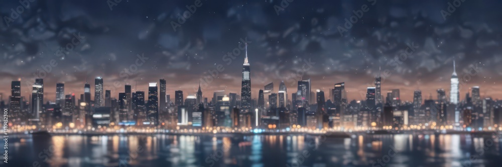 Fototapeta premium Cityscape at dusk with twinkling lights and abstract circular bokeh on blue background, glow, blue sky