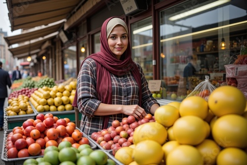 A young Middle Eastern woman wearing a hijab joyfully selling fresh fruits at a local market, surrounded by colorful displays of apples, lemons, and grapes. photo