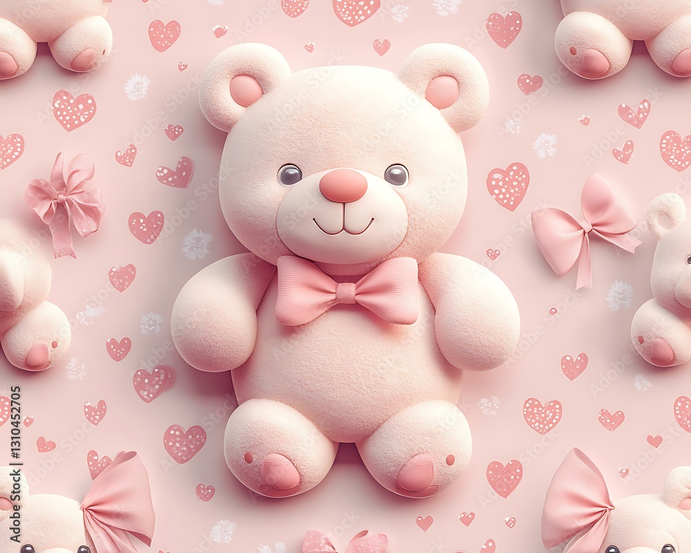 Obraz premium Pink Teddy Bear, Hearts, Bows, Pattern