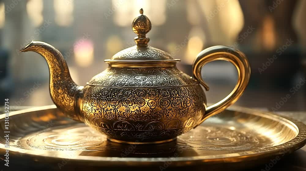 Ornate Golden Teapot on Brass Tray: A Luxurious Still Life