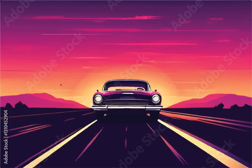 Vintage classic car with road landscape. Vector illustration.  