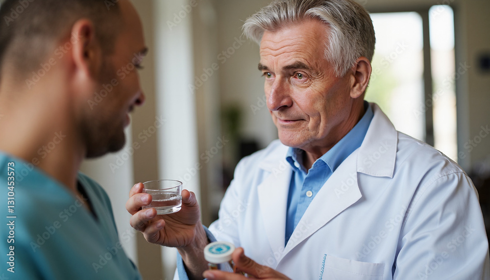 Doctor consulting patient while holding a glass of water Doctor consulting patient while holding a glass of water