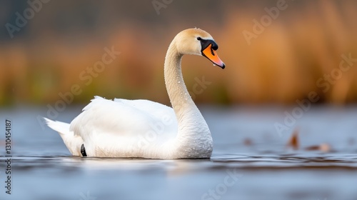 Majestic mute swan gliding gracefully on tranquil waters at dusk