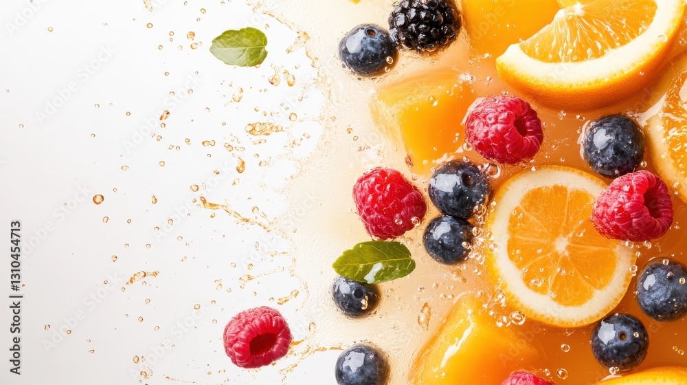 Bursting flavors with mixed fruits splashing into refreshing juices Bursting flavors with mixed fruits splashing into refreshing juices