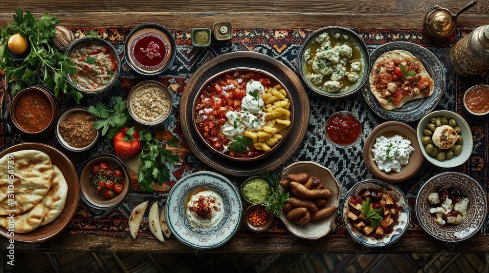 A detailed Turkish meze table with an assortment of small, colorful dishes, intricate garnishes, and a warm, inviting ambiance --ar 16:9 --v 6.1 Job ID: 4cad0528-1783-4fec-b567-463f0480caa9 A detailed Turkish meze table with an assortment of small, colorful dishes, intricate garnishes, and a warm, inviting ambiance --ar 16:9 --v 6.1 Job ID: 4cad0528-1783-4fec-b567-463f0480caa9
