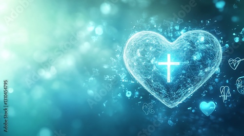 Glowing Heart Cross, Abstract Teal Background