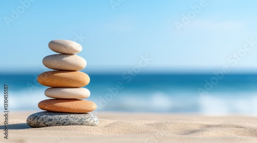 Balanced stones create a serene pyramid by the ocean waves