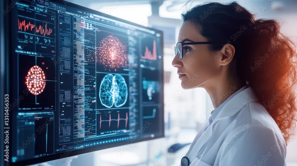 Focused Female Scientist Analyzing Brain Data on a Large Computer Screen Focused Female Scientist Analyzing Brain Data on a Large Computer Screen