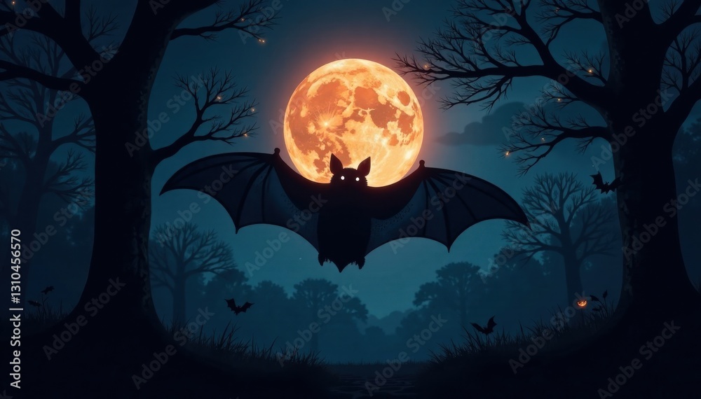 Dark silhouette of a bat against a full moon in a haunted forest, forest, night, moon