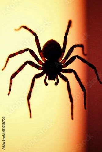 Dark silhouette of a spider with legs stretched out, against a bright light background, web, dark, silhouette