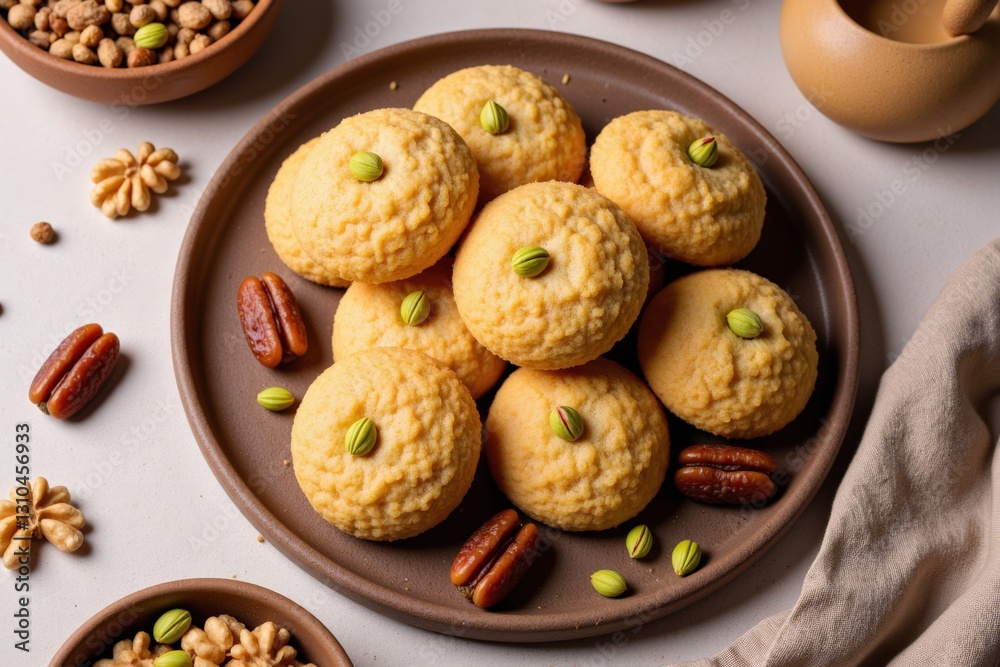 A Rustic Platter of Indian Sweets Showcasing Pistachio-Infused Cookies Surrounded by Nuts and Traditional Pottery in a Cozy Setting A Rustic Platter of Indian Sweets Showcasing Pistachio-Infused Cookies Surrounded by Nuts and Traditional Pottery in a Cozy Setting