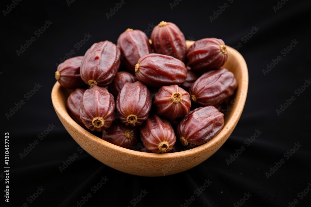 A Close-Up of Freshly Harvested Brown Manilla Tamarind Fruits Displayed in a Wooden Bowl Against a Black Background A Close-Up of Freshly Harvested Brown Manilla Tamarind Fruits Displayed in a Wooden Bowl Against a Black Background