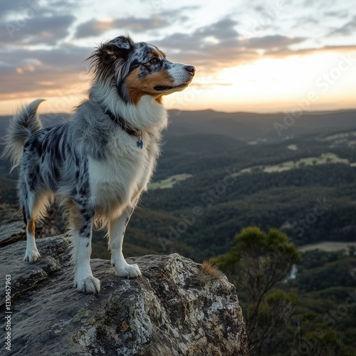 Australian Shepherd standing on a rocky cliff, overlooking a breathtaking valley, adventurous and cinematic, UHD 8K 