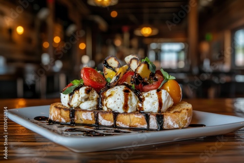 Fresh Caprese Salad on Toast with Tomatoes and Balsamic Glaze in Rustic Restaurant Setting