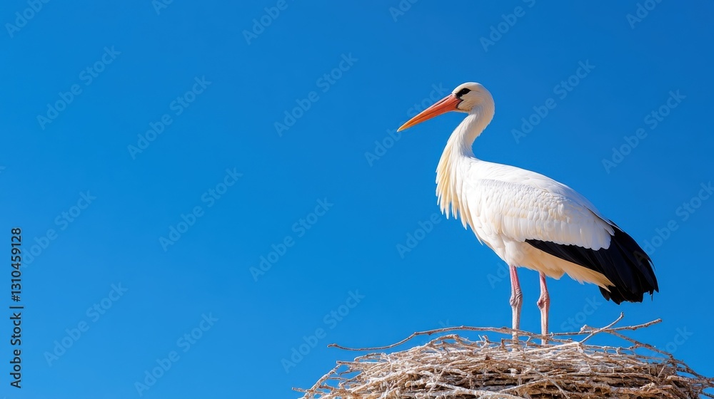 Majestic white stork perched gracefully on a nest in Algarve skies Majestic white stork perched gracefully on a nest in Algarve skies