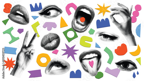 Abstract pop art collage with eyes lips and colorful naive geometric shapes. Vector trendy set.