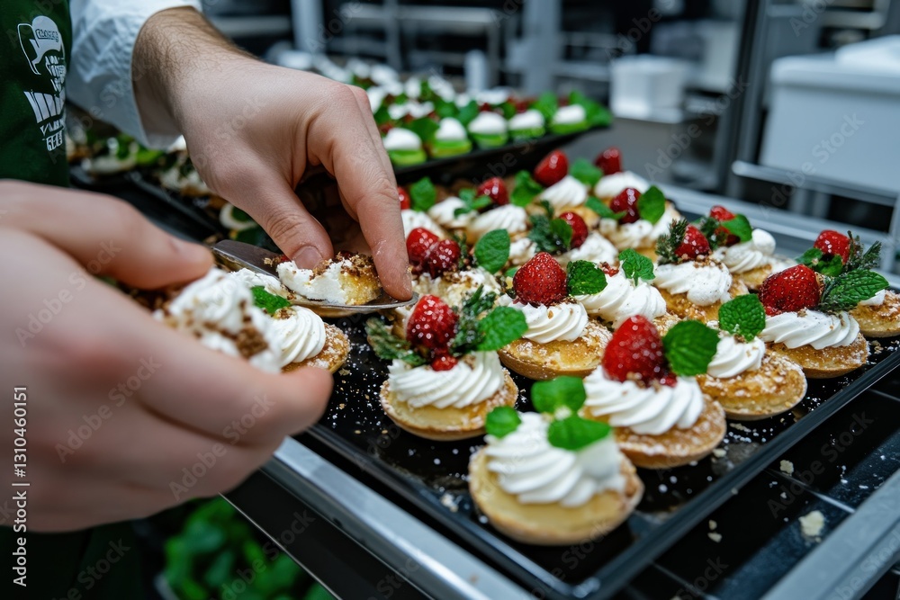 Delicate Pastry Preparation with Fresh Berries and Mint Garnish in Professional Kitchen Delicate Pastry Preparation with Fresh Berries and Mint Garnish in Professional Kitchen