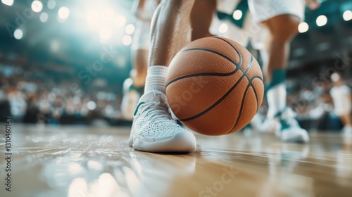 Close-up of a basketball rolling on a polished court in a game