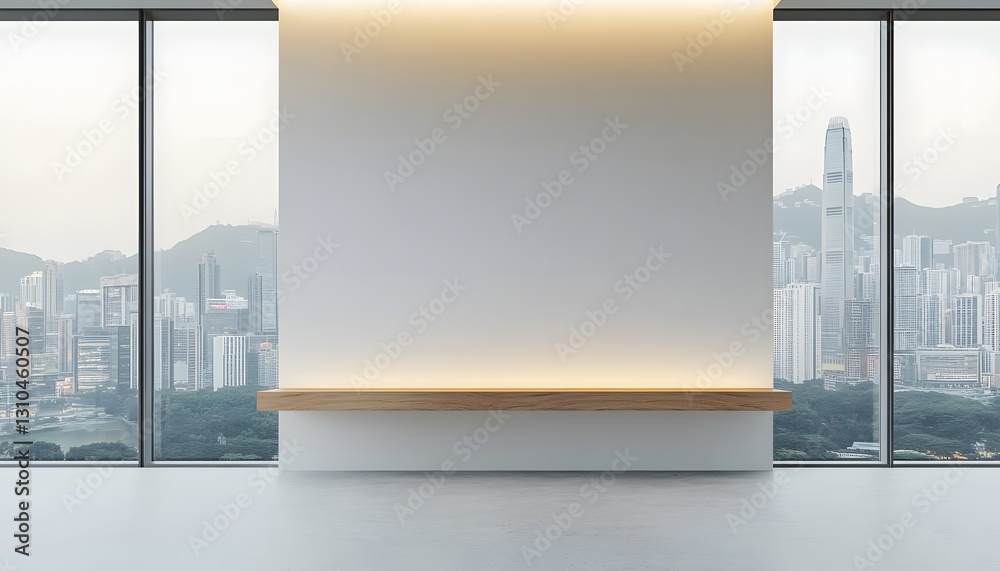 Fototapeta premium Modern minimalist room with city view and wooden shelf