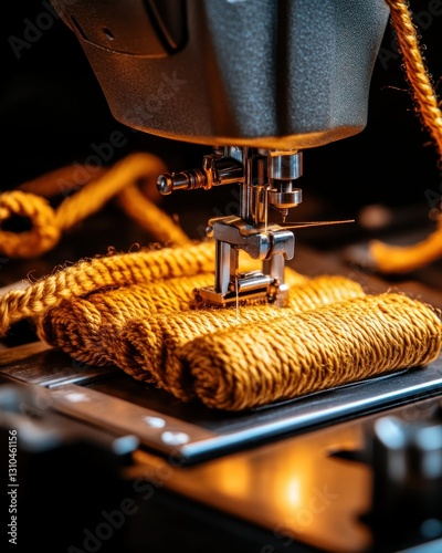 Close-Up View of Sewing Machine with Golden Thread and Twisted Yarn in Dim Light