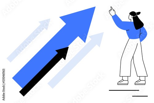 Woman gesturing toward bold upward arrows in blue and black, representing growth, progress, and ambition. Ideal for career growth, success, motivation, leadership, vision innovation flat simple